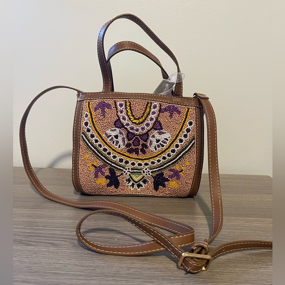 Beaded Floral Tan and Brown Handbag with Crossbody Strap Made in India